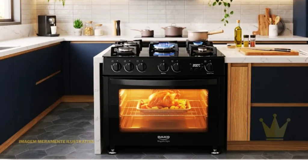 Melhores Fogões 5 Bocas Custo Benefício de 2026: Os 11 Mais Baratos que Valem a Pena 1 Uma fotografia detalhada em plano médio de uma cozinha moderna, com foco em um fogão de mesa de vidro preto da marca Dako com um forno aceso. A cozinha está bem iluminada por luz natural que vem de uma janela à esquerda. O fogão central, um modelo Dako Magister Style, é preto com mesa de vidro temperado e cinco queimadores de gás. Todos os queimadores estão ligados com chamas azuis, e no queimador maior, central, há uma pequena panela de aço inoxidável com cabo de madeira, liberando vapor. O forno do fogão está ligado e a luz interna está acesa, revelando um frango assado dourado e crocante sobre uma assadeira, apoiado em uma grade do forno. O painel de controle do fogão, acima da porta do forno, possui cinco botões pretos giratórios e um display digital que mostra o horário "200°C" e as palavras "FORNO" e "TIMER". O logotipo da Dako está gravado em prata na parte inferior da porta do forno, acima de quatro pés prateados. A cozinha possui armários de carvalho escuro com frentes em azul-marinho e bancadas de mármore branco com veios cinzas. Na bancada de mármore, ao lado direito do fogão, há uma tábua de cortar de madeira com uma faca de chef, duas pequenas garrafas de azeite e vinagre, pimenteiros e um guardanapo de linho xadrez. Na bancada à esquerda, perto da janela, há uma máquina de café espresso preta, dois vasos com plantas verdes e potes de vidro com grãos e especiarias. No fundo, há prateleiras de madeira expostas com mais potes de vidro, livros e um prato de servir. Uma samambaia está pendurada em uma prateleira superior, e outra planta com folhas penduradas está na prateleira abaixo. A parede do fundo é revestida com azulejos de metrô cinzas. O chão da cozinha é coberto com azulejos hexagonais cinzas. A fotografia tem uma profundidade de campo rasa, focando no fogão e na comida, com o fundo da cozinha suavemente desfocado. A luz natural cria sombras suaves e realça as texturas do mármore, madeira, vidro e aço inoxidável. A imagem é composta de forma equilibrada, com o fogão no centro e os elementos da cozinha em torno dele.