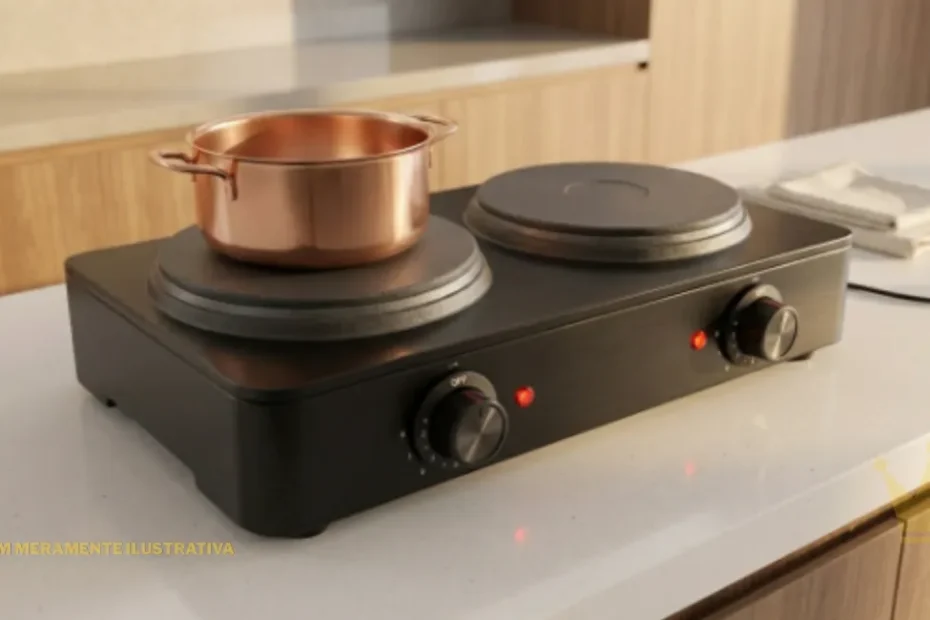 Fogão elétrico portátil de 2 bocas na cor preta posicionado em uma bancada de quartzo branco em cozinha moderna. O aparelho possui acabamento preto brilhante, duas placas circulares de aquecimento em ferro fundido, botões giratórios pretos na parte frontal e duas luzes indicadoras vermelhas acesas. Ao fundo desfocado, observam-se armários de madeira e iluminação natural.