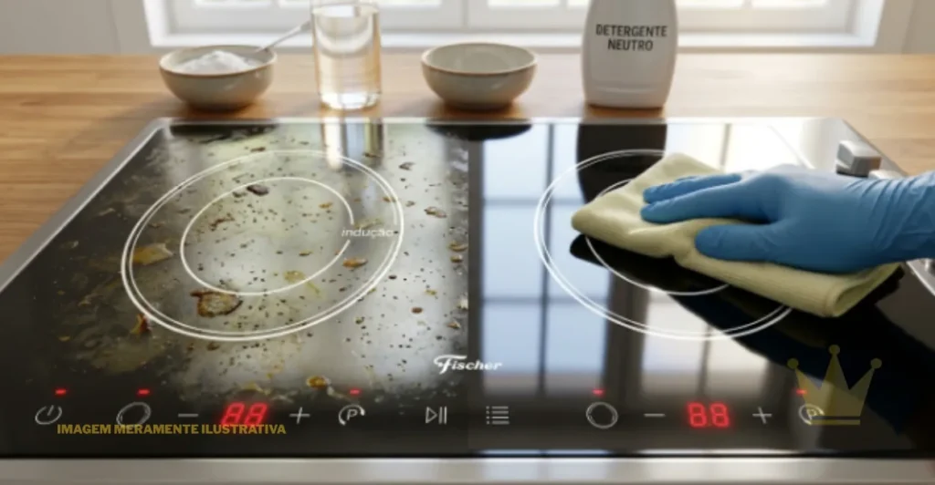 Como Limpar o Inox do Fogão Sem Riscar: Guia Prático e Produtos Seguros 1 Demonstração de como limpar o inox do fogão sem riscar em um cooktop dividido entre um lado engordurado e outro espelhado, sendo limpo com pano de microfibra macio.