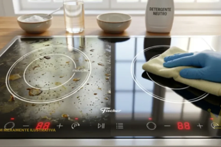 Demonstração de como limpar o inox do fogão sem riscar em um cooktop dividido entre um lado engordurado e outro espelhado, sendo limpo com pano de microfibra macio.