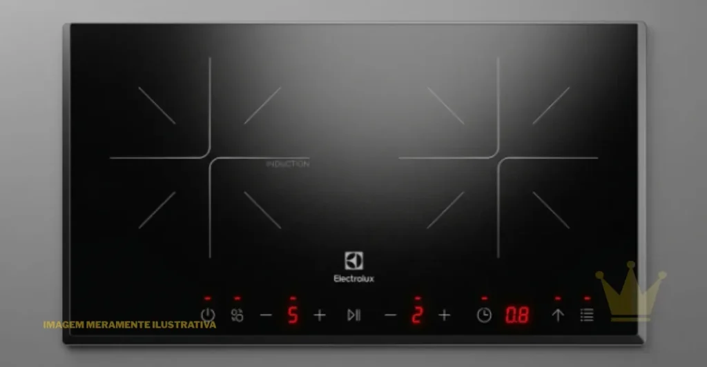 Cooktop de Indução Electrolux 2 Bocas É Bom? Consumo e Opinião 1 Vista superior detalhada de um Cooktop Electrolux de Indução de 2 Bocas em vidro preto brilhante, exibindo duas zonas de cozimento com marcações geométricas brancas e a palavra "INDUCTION". O painel de controle de toque iluminado por LED vermelho na parte inferior mostra o logotipo da Electrolux, leituras digitais de potência '5 2' e temporizador '0.8', e ícones táteis como Power, Controles de Zona, Ajustes e Pause.