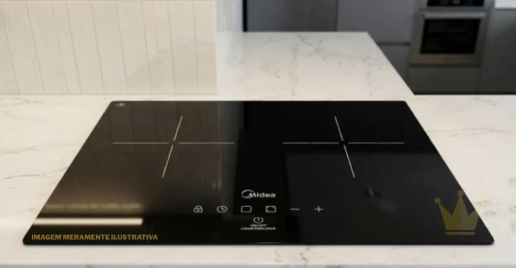 Cooktop Elétrico Midea 2 Bocas: É Bom? 1 "Visão superior detalhada do Cooktop Elétrico Midea 2 Bocas, com superfície vitrocerâmica preta brilhante. O cooktop possui duas zonas de aquecimento marcadas com cruzes brancas minimalistas, organizadas em um formato 'domino'. O painel de controle por toque inferior exibe claramente o logotipo Midea e os ícones para bloqueio infantil, timer, seleção de queimador, ajuste de potência (+/-) e o botão liga/desliga com o texto 'ligar/desligar'. O cooktop está embutido em uma bancada de cozinha moderna, oferecendo um design limpo e sofisticado."