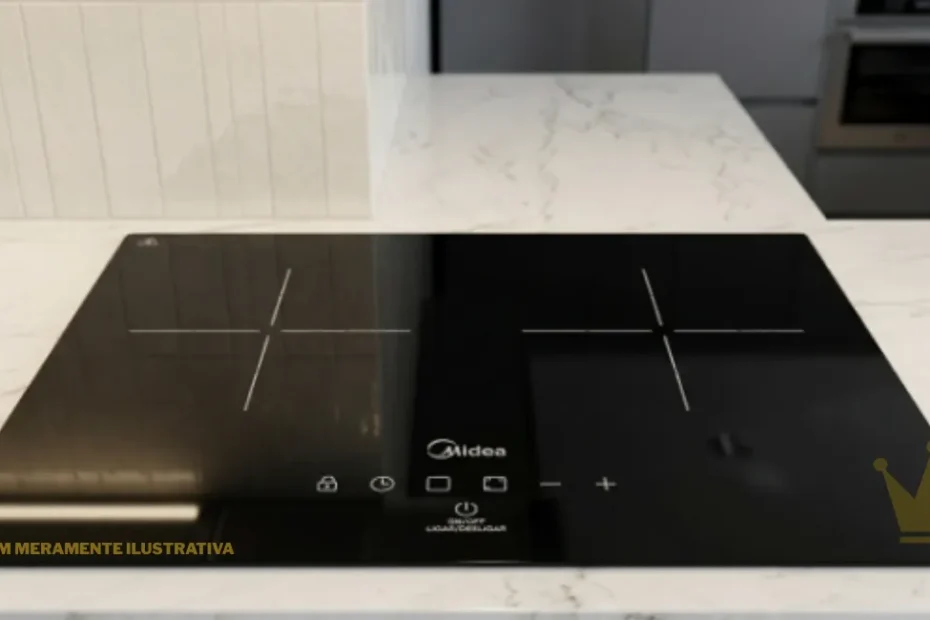 "Visão superior detalhada do Cooktop Elétrico Midea 2 Bocas, com superfície vitrocerâmica preta brilhante. O cooktop possui duas zonas de aquecimento marcadas com cruzes brancas minimalistas, organizadas em um formato 'domino'. O painel de controle por toque inferior exibe claramente o logotipo Midea e os ícones para bloqueio infantil, timer, seleção de queimador, ajuste de potência (+/-) e o botão liga/desliga com o texto 'ligar/desligar'. O cooktop está embutido em uma bancada de cozinha moderna, oferecendo um design limpo e sofisticado."