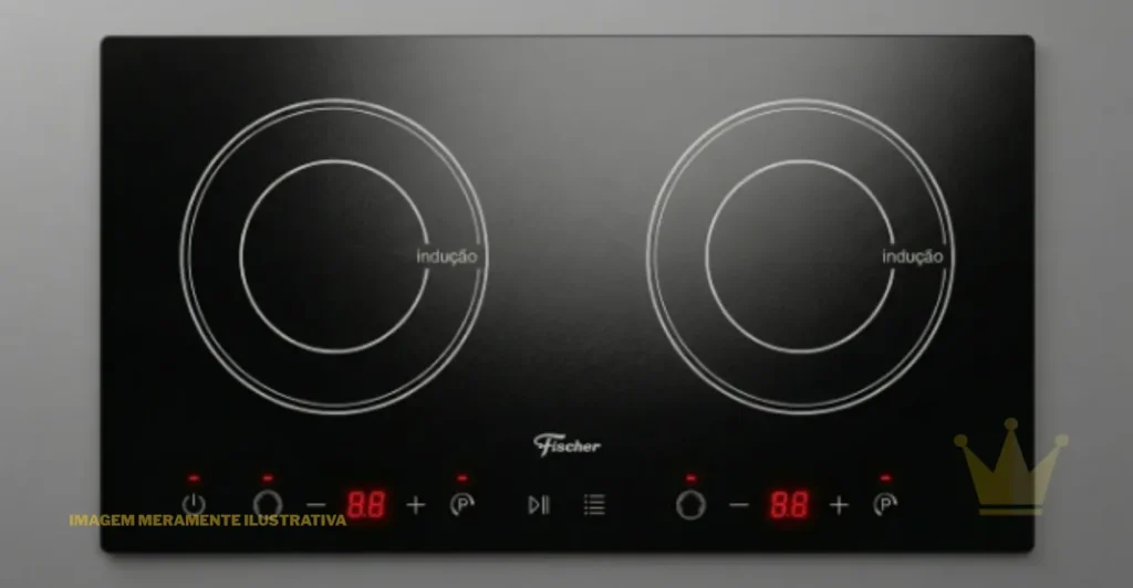 Cooktop Fischer Vitrocerâmico 2 Bocas: É Bom? 1 Vista superior detalhada de um Cooktop Fischer Vitrocerâmico 2 Bocas em vidro preto brilhante. O dispositivo possui duas zonas de indução circulares com marcações brancas e a palavra "indução" no centro de cada uma. O logotipo da Fischer está visível logo acima do painel de controle inferior. O painel de controle de toque está iluminado com LEDs vermelhos, exibindo números digitais e ícones de toque capacitivo, como Power, zonas de aquecimento e controles de potência, sobre um fundo cinza minimalista.