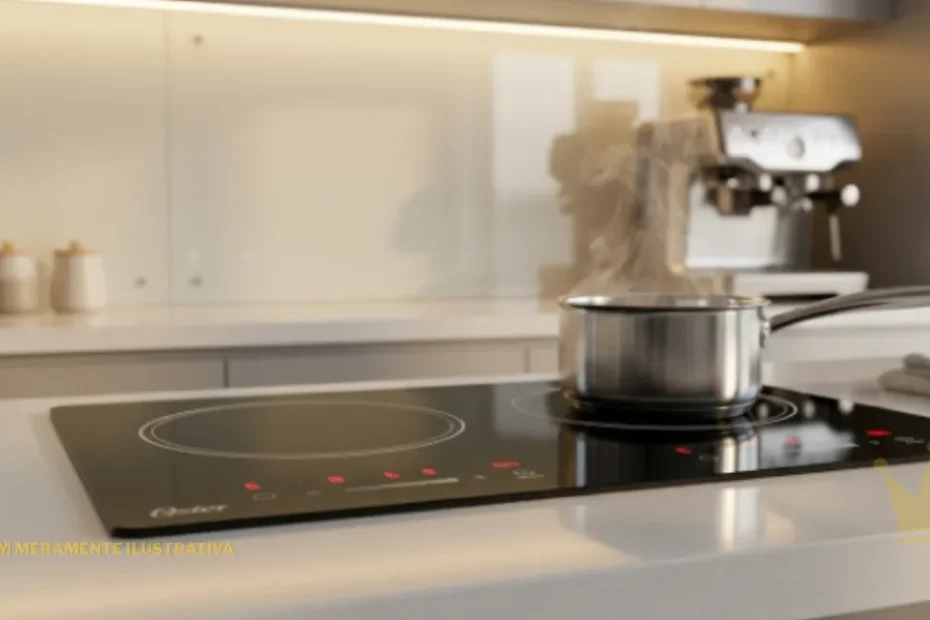 "Cooktop por indução Oster Duo Induction de 2 bocas em vidro temperado preto com painel de controle touch digital com luzes LED vermelhas, instalado em uma bancada moderna de cozinha."