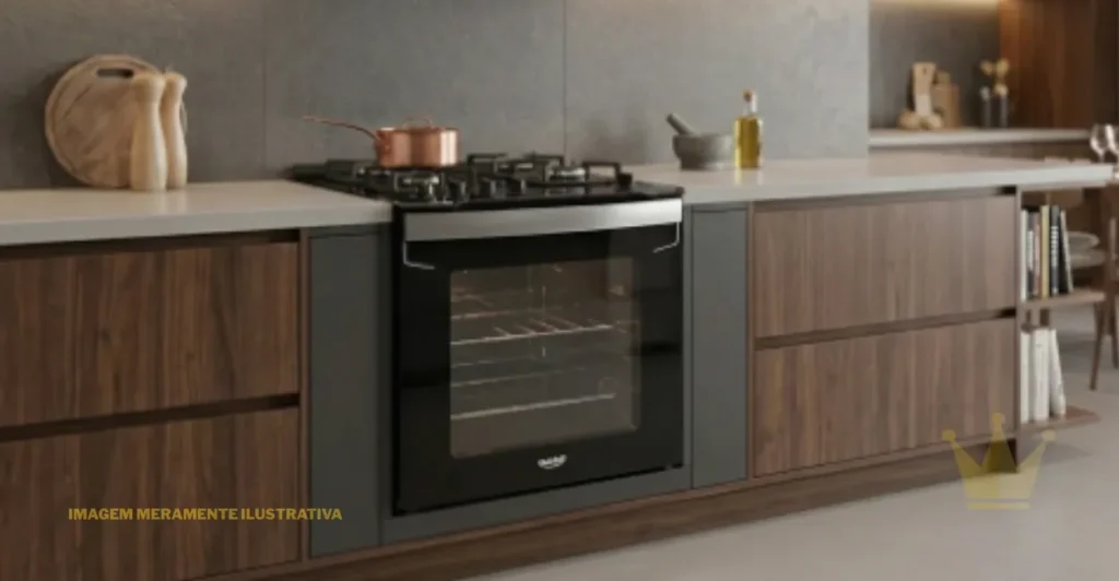 Dako Diplomata 4 Bocas Grill Style de Embutir: Vale a Pena? 1 "Foto em perspectiva de três quartos do fogão de embutir Dako Diplomata 4 Bocas Grill Style, instalado em uma cozinha moderna. O modelo possui mesa de vidro temperado preto brilhante, robustas trempes de ferro fundido, painel de controle frontal preto com detalhes vermelhos e forno com porta de vidro escuro, exibindo a marca Dako em destaque."