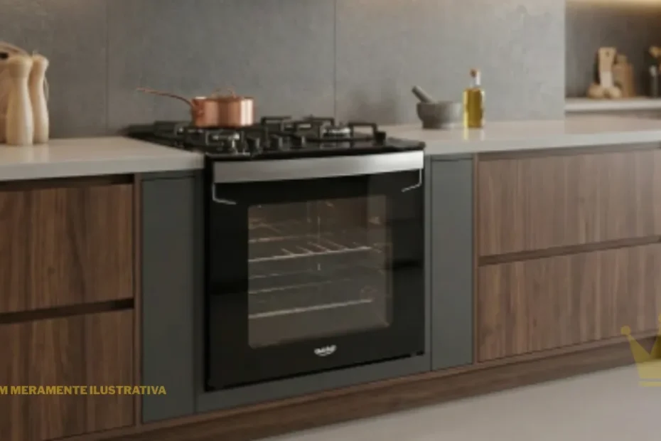 "Foto em perspectiva de três quartos do fogão de embutir Dako Diplomata 4 Bocas Grill Style, instalado em uma cozinha moderna. O modelo possui mesa de vidro temperado preto brilhante, robustas trempes de ferro fundido, painel de controle frontal preto com detalhes vermelhos e forno com porta de vidro escuro, exibindo a marca Dako em destaque."