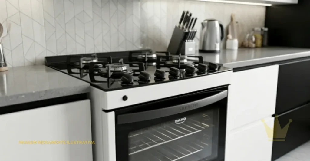 Dako Supreme 4 Bocas Branco com Mesa de Vidro: É Bom? 1 Um close-up de um Fogão Dako Supreme 4 Bocas Branco com Mesa de Vidro, posicionado em uma cozinha moderna. A imagem mostra claramente a mesa de vidro temperado preto com seus quatro queimadores de alta eficiência e trempes individuais de ferro fundido. O painel frontal possui manípulos de controle brancos e um puxador de forno ergonômico. O logotipo 'DAKO' está impresso de forma visível e nítida na parte inferior da porta do forno de vidro panorâmico. O interior do forno é visível com duas prateleiras cromadas. A inscrição 'SUPREME' está gravada na parte superior do puxador. O fogão está inserido entre armários de cozinha modernos e uma bancada de quartzo cinza, com um fundo de cozinha contemporâneo desfocado.