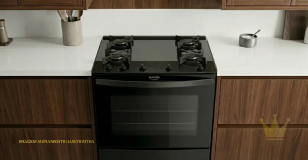 Dako Supreme 4 Bocas Preto com Mesa de Vidro: É Bom? 1 "Imagem frontal em close do fogão de piso Dako Supreme 4 Bocas Preto com Mesa de Vidro. O aparelho é de cor preta brilhante com uma superfície de mesa de vidro temperado preto na parte superior. Possui quatro queimadores com grades individuais de ferro fundido. A porta do forno é de vidro espelhado preto, com a palavra 'SUPREME' impressa em cinza na parte superior central do vidro interno e o logotipo 'DAKO' em branco na parte inferior central da porta. A base possui dois pés frontais visíveis. A imagem é isolada em fundo branco ou de estúdio, sem distrações."