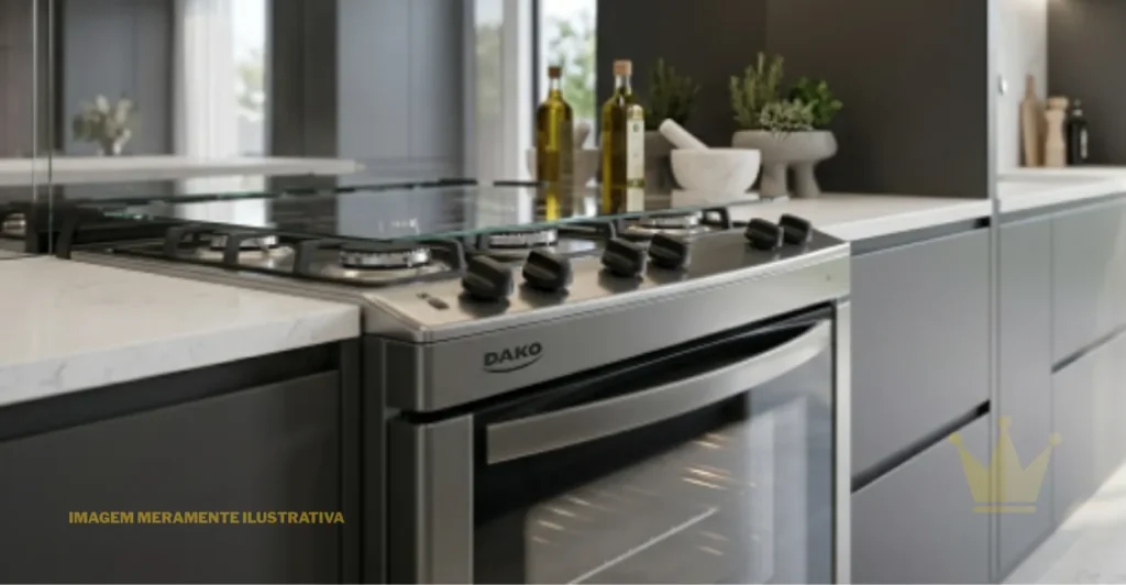 Dako Supreme 4 Bocas Titanium com Mesa Inox: É Bom? 1 Foto em ângulo lateral do Fogão Dako Supreme 4 Bocas Titanium com Mesa Inox posicionado em uma cozinha moderna com armários planejados e bancada clean, destacando seu design sofisticado, mesa em aço inox e acabamento cor titanium.