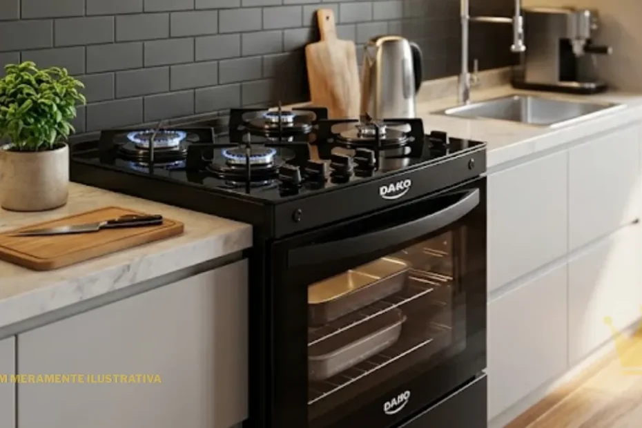 Uma fotografia de ângulo médio e renderização fotorrealista captura uma cozinha moderna e bem iluminada no interior de uma residência, com foco central em um fogão de piso preto da marca Dako. A cena é horizontal, com luz natural vindo de uma janela ao fundo à direita. O fogão Dako, de acabamento preto brilhante, está posicionado no centro da bancada de mármore branco de Carrara. Ele tem quatro queimadores de gás acesos, com chamas azuis visíveis sob trempes de ferro fundido. O painel frontal do fogão exibe botões de controle pretos e, logo abaixo, o logotipo "DAKO" em letras brancas nítidas e legíveis. A porta do forno de vidro temperado permite ver duas assadeiras de metal dentro do forno. A bancada de mármore branco se estende para ambos os lados. À esquerda do fogão, há um micro-ondas preto da marca Brastemp (com o logotipo visível), uma pilha de três livros de culinária coloridos (um livro vermelho "COOKBOOK" no topo), uma pequena planta de manjericão em um vaso de cimento e uma tábua de corte de madeira clara com uma faca de chef. O fundo da bancada apresenta um backsplash de azulejos de metrô cinza-escuro brilhante, iluminado por uma fita de LED quente sob os armários superiores em preto fosco. Na bancada à direita do fogão, há uma tábua de corte de madeira em pé, uma chaleira de aço inoxidável e uma máquina de café expresso. Uma pia de embutir com uma torneira monocomando cromada de pescoço de ganso está visível na bancada. Os armários inferiores são de cor bege claro com puxadores de perfil oculto. À direita, o fundo da cozinha revela uma área de jantar com uma mesa de madeira clara e o canto de uma cadeira de madeira. Sobre a mesa, há um vaso de vidro transparente com folhas de Costela-de-Adão. Ao fundo, uma janela branca com vidros transparentes mostra uma vista borrada de árvores e céu, inundando a cozinha com luz natural. O piso é de madeira de carvalho claro com paginação corrida. A iluminação geral é uma mistura de luz natural suave e iluminação embutida quente, criando uma atmosfera acolhedora e moderna. A profundidade de campo é rasa, mantendo o fogão e a bancada em foco nítido, enquanto o fundo é suavemente desfocado.