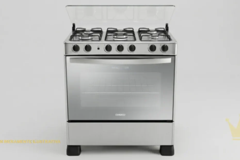 Fogão Dako Magister Grill 5 Bocas com Mesa Inox prateado com tampa de vidro temperado transparente, queimadores pretos, porta do forno espelhada com a marca Dako em destaque e acabamento frontal em aço escovado.