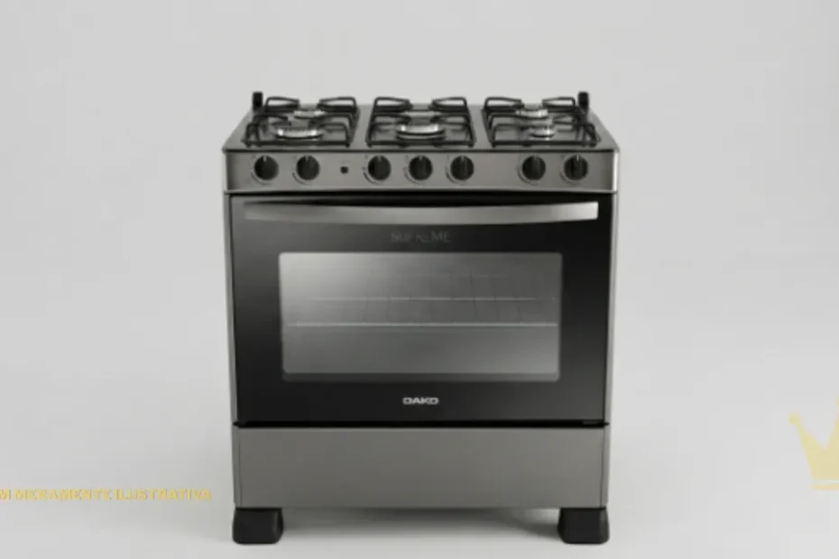 Fogão Dako Supreme Timer Glass Titanium 5 Bocas na cor titânio com mesa de vidro temperado preto, queimadores com trempes individuais de ferro fundido e porta do forno panorâmica preta com a marca Dako em destaque.