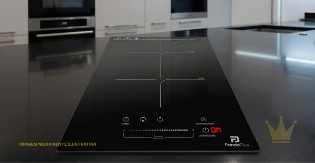 Fogão Elétrico Panda Plus 2 Bocas: É Bom? 1 Imagem do cooktop de indução de vidro cerâmico preto, de formato retangular e na vertical, visto de frente em um fundo branco isolado.
Topo da Imagem (Avisos de Segurança):
No canto superior esquerdo, há três ícones de aviso triangulares brancos: o primeiro indica superfície quente (três linhas onduladas), o segundo um ponto de exclamação (atenção/alerta), e o terceiro uma mão estendida de advertência.
Ao lado dos ícones, há duas linhas de texto explicativo em tamanho pequeno:
Aviso: A superfície permanece quente após o uso, por favor, não toque!
Atenção: Por favor, desligue a unidade para evitar vazamentos elétricos se a superfície estiver quebrada.
Centro da Imagem (Zonas de Aquecimento):
O cooktop possui duas zonas de cozimento alinhadas verticalmente, demarcadas por linhas brancas finas em formato de cruz com um canto arredondado.
Na cruz superior, há a letra "T" em vermelho no centro e a indicação de potência de 2000W no canto superior direito.
Na cruz inferior, há a letra "T" em vermelho no centro e a indicação de potência de 1500W no canto superior direito.
Base da Imagem (Painel de Controle Touch e Marca):
Na parte inferior do cooktop encontra-se o painel de controle por toque:
Ícones superiores (da esquerda para a direita):
Um círculo com um "T" vermelho centralizado e o texto "TURBO" logo abaixo.
Um ícone de ajuste.
Um ícone de controle de potência.
Um ícone de relógio com a palavra "TEMPORIZADOR" escrita abaixo.
Barra Deslizante (Slider):
Uma linha horizontal com pontos graduados para ajuste de potência, demarcada por um sinal de menos (-) à esquerda e um sinal de mais (+) à direita.
Abaixo da barra deslizante, há uma chave entre parênteses retos com o texto "Trava de Segurança".
Botão Liga/Desliga e Display:
À direita da barra deslizante, encontra-se o botão de ligar/desligar com o texto "LIGA/DESLIGA" abaixo e um display digital em LED vermelho exibindo a palavra "ON".
Identificação da Marca:
No canto inferior direito, destaca-se o logotipo da marca composto por um ícone geométrico estilizado da letra "P" acima do texto "PandaPlus" em fonte sans-serif branca.