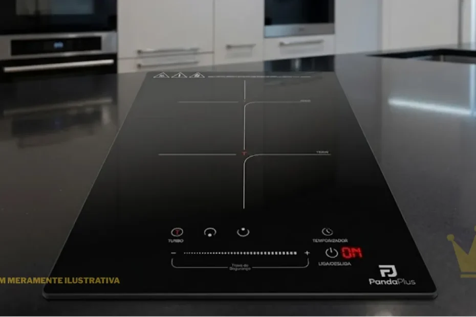 Imagem do cooktop de indução de vidro cerâmico preto, de formato retangular e na vertical, visto de frente em um fundo branco isolado. Topo da Imagem (Avisos de Segurança): No canto superior esquerdo, há três ícones de aviso triangulares brancos: o primeiro indica superfície quente (três linhas onduladas), o segundo um ponto de exclamação (atenção/alerta), e o terceiro uma mão estendida de advertência. Ao lado dos ícones, há duas linhas de texto explicativo em tamanho pequeno: Aviso: A superfície permanece quente após o uso, por favor, não toque! Atenção: Por favor, desligue a unidade para evitar vazamentos elétricos se a superfície estiver quebrada. Centro da Imagem (Zonas de Aquecimento): O cooktop possui duas zonas de cozimento alinhadas verticalmente, demarcadas por linhas brancas finas em formato de cruz com um canto arredondado. Na cruz superior, há a letra "T" em vermelho no centro e a indicação de potência de 2000W no canto superior direito. Na cruz inferior, há a letra "T" em vermelho no centro e a indicação de potência de 1500W no canto superior direito. Base da Imagem (Painel de Controle Touch e Marca): Na parte inferior do cooktop encontra-se o painel de controle por toque: Ícones superiores (da esquerda para a direita): Um círculo com um "T" vermelho centralizado e o texto "TURBO" logo abaixo. Um ícone de ajuste. Um ícone de controle de potência. Um ícone de relógio com a palavra "TEMPORIZADOR" escrita abaixo. Barra Deslizante (Slider): Uma linha horizontal com pontos graduados para ajuste de potência, demarcada por um sinal de menos (-) à esquerda e um sinal de mais (+) à direita. Abaixo da barra deslizante, há uma chave entre parênteses retos com o texto "Trava de Segurança". Botão Liga/Desliga e Display: À direita da barra deslizante, encontra-se o botão de ligar/desligar com o texto "LIGA/DESLIGA" abaixo e um display digital em LED vermelho exibindo a palavra "ON". Identificação da Marca: No canto inferior direito, destaca-se o logotipo da marca composto por um ícone geométrico estilizado da letra "P" acima do texto "PandaPlus" em fonte sans-serif branca.