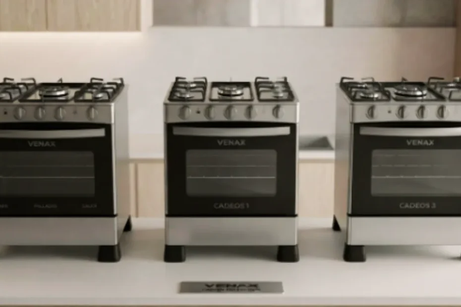 Fogão Venax 5 bocas modelo Temis em inox com trempes de ferro fundido, instalado em uma cozinha moderna de alto padrão sobre piso claro. Fogão Venax 5 bocas modelo Palladio com acabamento moderno e amplo forno, posicionado em destaque no centro de uma cozinha contemporânea. Fogão Venax 5 bocas modelo Gaudí com mesa de vidro temperado preto e trempes individuais, inserido em um ambiente de cozinha luxuosa e minimalista.