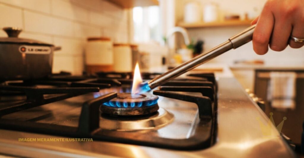 Acendedor de Fogão: Tipos, Como Escolher e Onde Comprar 1 Foto de ângulo aproximado e em nível ocular do queimador central de um fogão a gás de aço inoxidável em uma cozinha, onde um Acendedor de Fogão tipo maçarico está sendo usado para acender a chama. O Acendedor de Fogão tem um longo pescoço metálico prateado e está sendo segurado por uma mão direita, que o inclina para baixo em direção ao queimador. A ponta do acendedor está posicionada logo acima do difusor de gás. A chama está no processo de ignição, com uma base azulada brilhante no difusor de gás e uma chama laranja-amarelada mais alta e bruxuleante subindo da ponta do acendedor. O queimador tem uma grade de ferro fundido preta e robusta, que está em foco. Ao redor dele, a superfície de aço inoxidável do fogão reflete as luzes da cozinha. No fundo desfocado (bokeh), vê-se a bancada da cozinha, com potes de cerâmica branca, uma panela escura e, mais ao fundo, a torneira de uma pia e prateleiras de madeira, sob uma luz quente e natural. No canto inferior esquerdo, lê-se o texto "IMAGEM MERAMENTE ILUSTRATIVA" em letras brancas pequenas. No canto inferior direito, um logotipo de coroa amarela sutil está visível. A iluminação geral é suave e acolhedora, com a luz da chama sendo um ponto focal de destaque.
