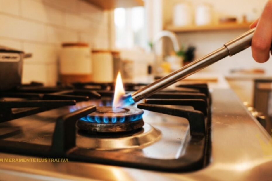 Foto de ângulo aproximado e em nível ocular do queimador central de um fogão a gás de aço inoxidável em uma cozinha, onde um Acendedor de Fogão tipo maçarico está sendo usado para acender a chama. O Acendedor de Fogão tem um longo pescoço metálico prateado e está sendo segurado por uma mão direita, que o inclina para baixo em direção ao queimador. A ponta do acendedor está posicionada logo acima do difusor de gás. A chama está no processo de ignição, com uma base azulada brilhante no difusor de gás e uma chama laranja-amarelada mais alta e bruxuleante subindo da ponta do acendedor. O queimador tem uma grade de ferro fundido preta e robusta, que está em foco. Ao redor dele, a superfície de aço inoxidável do fogão reflete as luzes da cozinha. No fundo desfocado (bokeh), vê-se a bancada da cozinha, com potes de cerâmica branca, uma panela escura e, mais ao fundo, a torneira de uma pia e prateleiras de madeira, sob uma luz quente e natural. No canto inferior esquerdo, lê-se o texto "IMAGEM MERAMENTE ILUSTRATIVA" em letras brancas pequenas. No canto inferior direito, um logotipo de coroa amarela sutil está visível. A iluminação geral é suave e acolhedora, com a luz da chama sendo um ponto focal de destaque.