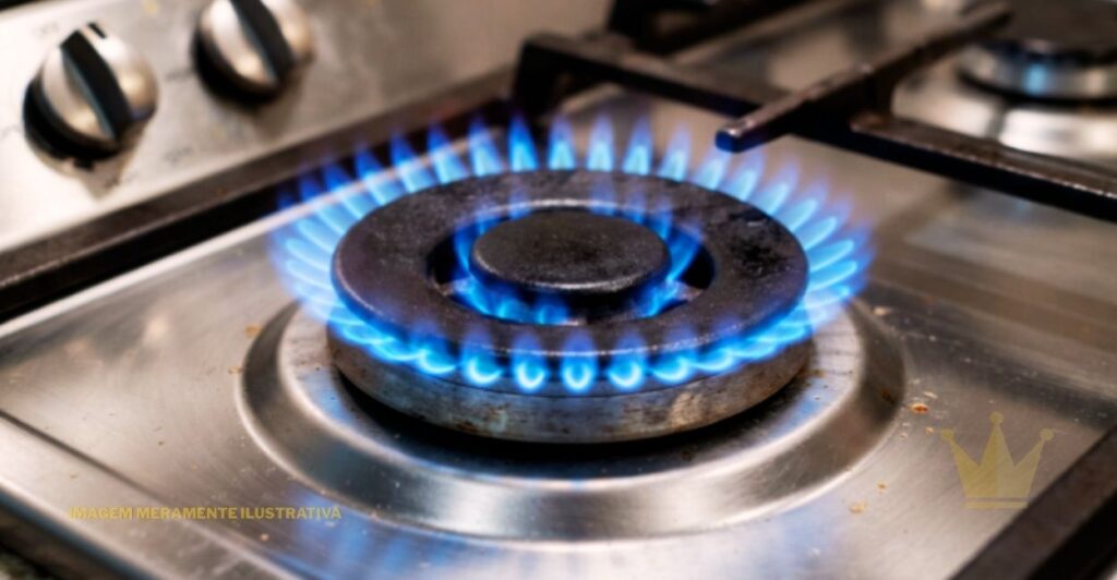 Boca de Fogão: Como Limpar, Desentupir e Trocar 1 Boca de fogão a gás em destaque, com queimador circular de metal e chamas azuis acesas distribuídas uniformemente ao redor da boca, instalada sobre uma mesa de fogão em inox, com outros queimadores e botões de controle visíveis ao fundo.