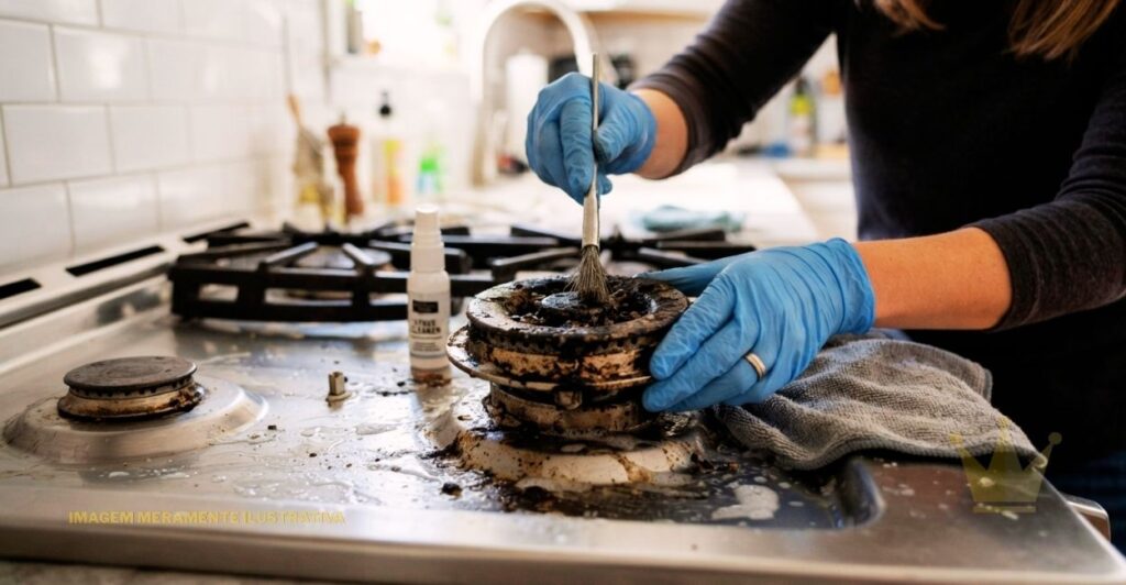 Como Limpar Boca de Fogão Entupido Sem Chamar Técnico? 1 Uma pessoa, usando luvas de látex azuis, está em pé na frente de um fogão a gás com tampo de aço inoxidável em uma cozinha, demonstrando o processo de como limpar boca de fogão entupido. Com a mão direita, ela segura uma pequena escova de metal com cerdas finas, limpando a boca central do queimador, removendo a sujeira acumulada e desobstruindo as passagens de gás. A mão esquerda está apoiada sobre um pano de microfibra cinza, que parece ser usado para remover a sujeira solta e evitar arranhões no fogão. Há uma pequena garrafa de spray branca com um rótulo preto e branco visível no fogão, junto com as outras bocas do fogão e as grades pretas. O fogão está bastante sujo, com restos de comida e graxa espalhados pelo aço inoxidável e pelas partes do queimador, destacando a necessidade da limpeza. O fundo está ligeiramente desfocado, mostrando uma cozinha moderna com armários brancos e uma pia com torneira de aço inoxidável. Uma marca d'água de cor dourada com um símbolo de coroa é visível no canto inferior direito da imagem.