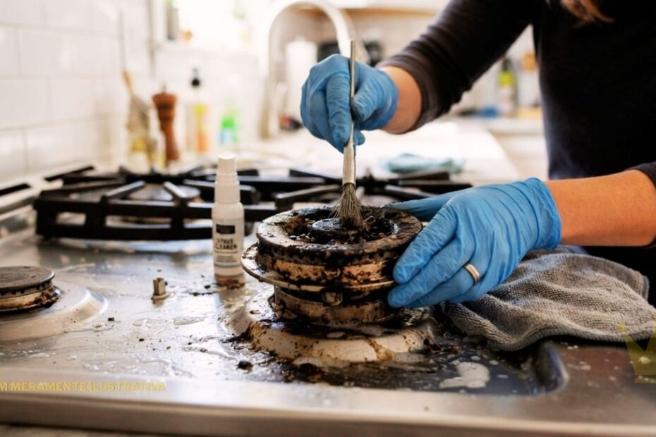 Uma pessoa, usando luvas de látex azuis, está em pé na frente de um fogão a gás com tampo de aço inoxidável em uma cozinha, demonstrando o processo de como limpar boca de fogão entupido. Com a mão direita, ela segura uma pequena escova de metal com cerdas finas, limpando a boca central do queimador, removendo a sujeira acumulada e desobstruindo as passagens de gás. A mão esquerda está apoiada sobre um pano de microfibra cinza, que parece ser usado para remover a sujeira solta e evitar arranhões no fogão. Há uma pequena garrafa de spray branca com um rótulo preto e branco visível no fogão, junto com as outras bocas do fogão e as grades pretas. O fogão está bastante sujo, com restos de comida e graxa espalhados pelo aço inoxidável e pelas partes do queimador, destacando a necessidade da limpeza. O fundo está ligeiramente desfocado, mostrando uma cozinha moderna com armários brancos e uma pia com torneira de aço inoxidável. Uma marca d'água de cor dourada com um símbolo de coroa é visível no canto inferior direito da imagem.