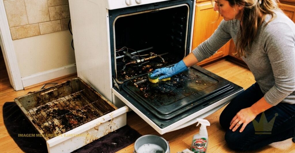 Como Limpar Fogão por Dentro: Gaveta e Compartimento Inferior 1 Em uma cozinha residencial com piso de madeira, uma mulher está ajoelhada ao lado de um fogão branco com a porta do forno aberta. Ela veste uma blusa cinza de mangas compridas, calça jeans escura e luvas de borracha azuis na mão visível, a direita, que está esfregando a parte inferior do forno, visivelmente suja, com uma esponja verde e amarela. A porta do forno, aberta e deitada no chão, também apresenta muita gordura queimada e restos de comida. À esquerda, uma assadeira de metal, também suja, está no chão, junto com o gavetão inferior do fogão, que está puxado para fora. No chão, no canto inferior direito, há uma garrafa de spray branca com a marca "Easy Off" visível, um balde cinza e algumas esponjas, indicando o processo de limpeza em andamento. O ambiente sugere um esforço doméstico para Como Limpar Fogão por Dentro. A imagem tem uma marca d'água dourada no canto inferior direito e o texto "IMAGEM MERAMENTE ILUSTRATIVA" no canto inferior esquerdo.