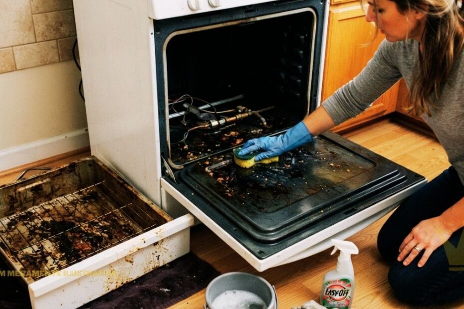Em uma cozinha residencial com piso de madeira, uma mulher está ajoelhada ao lado de um fogão branco com a porta do forno aberta. Ela veste uma blusa cinza de mangas compridas, calça jeans escura e luvas de borracha azuis na mão visível, a direita, que está esfregando a parte inferior do forno, visivelmente suja, com uma esponja verde e amarela. A porta do forno, aberta e deitada no chão, também apresenta muita gordura queimada e restos de comida. À esquerda, uma assadeira de metal, também suja, está no chão, junto com o gavetão inferior do fogão, que está puxado para fora. No chão, no canto inferior direito, há uma garrafa de spray branca com a marca "Easy Off" visível, um balde cinza e algumas esponjas, indicando o processo de limpeza em andamento. O ambiente sugere um esforço doméstico para Como Limpar Fogão por Dentro. A imagem tem uma marca d'água dourada no canto inferior direito e o texto "IMAGEM MERAMENTE ILUSTRATIVA" no canto inferior esquerdo.