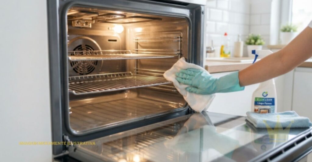 Como Limpar Forno do Fogão Por Dentro? 1 Um close-up focado no interior iluminado de um forno de fogão de aço inoxidável embutido em uma cozinha moderna. Uma pessoa usando luvas de limpeza de borracha verde claro está agachada no lado direito, limpando a borda inferior interna do forno com um pano de microfibra branco. A porta do forno está aberta, revelando as prateleiras de metal internas vazias e a lâmpada do forno acesa. Ao fundo, no balcão da cozinha, há frascos de spray de limpeza, incluindo uma garrafa com o rótulo "ECO CLEAN" visível, e outro pano de limpeza azul dobrado. A cozinha ao fundo é clara, com bancadas de madeira clara e backsplash de azulejos brancos tipo metrô, com um vaso de planta verde no fundo. No canto inferior esquerdo da imagem, o texto em português "IMAGEM MERAMENTE ILUSTRATIVA" está sobreposto em letras pequenas e de cor creme. A imagem demonstra visualmente o processo de Como Limpar Forno do Fogão, mostrando o interior vazio e a ação de limpeza manual com pano e produto.