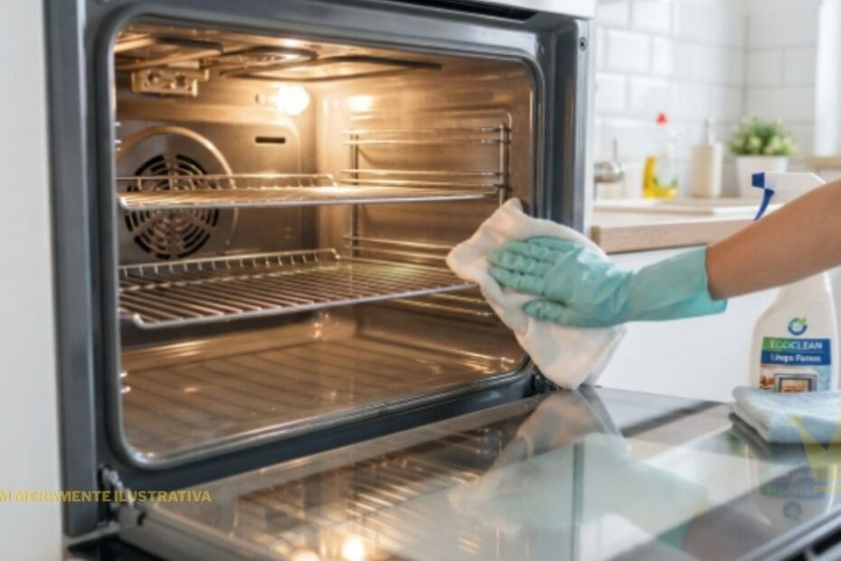 Um close-up focado no interior iluminado de um forno de fogão de aço inoxidável embutido em uma cozinha moderna. Uma pessoa usando luvas de limpeza de borracha verde claro está agachada no lado direito, limpando a borda inferior interna do forno com um pano de microfibra branco. A porta do forno está aberta, revelando as prateleiras de metal internas vazias e a lâmpada do forno acesa. Ao fundo, no balcão da cozinha, há frascos de spray de limpeza, incluindo uma garrafa com o rótulo "ECO CLEAN" visível, e outro pano de limpeza azul dobrado. A cozinha ao fundo é clara, com bancadas de madeira clara e backsplash de azulejos brancos tipo metrô, com um vaso de planta verde no fundo. No canto inferior esquerdo da imagem, o texto em português "IMAGEM MERAMENTE ILUSTRATIVA" está sobreposto em letras pequenas e de cor creme. A imagem demonstra visualmente o processo de Como Limpar Forno do Fogão, mostrando o interior vazio e a ação de limpeza manual com pano e produto.