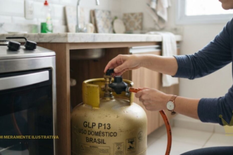 Uma mulher de camiseta azul e relógio no pulso está ajoelhada em uma cozinha residencial, com a mão direita segurando e girando a borboleta do regulador de pressão de um botijão de gás P13, demonstrando, de forma simulada, as etapas de como trocar botijão de gás com segurança. O botijão, que é metálico e com marcas de uso, está posicionado no chão, sob o vão do armário planejado de madeira clara, e possui a inscrição 'GLP P13 USO DOMÉSTICO BRASIL'. Uma mangueira laranja de gás está visivelmente conectada ao regulador. À esquerda, vê-se parte de um fogão de inox com a porta do forno escura e os queimadores na parte superior. O ambiente da cozinha, ao fundo, é composto por bancada de pedra clara, pia, azulejos brancos e outros elementos domésticos, com uma legenda amarela no canto inferior esquerdo que diz 'IMAGEM MERAMENTE ILUSTRATIVA'.