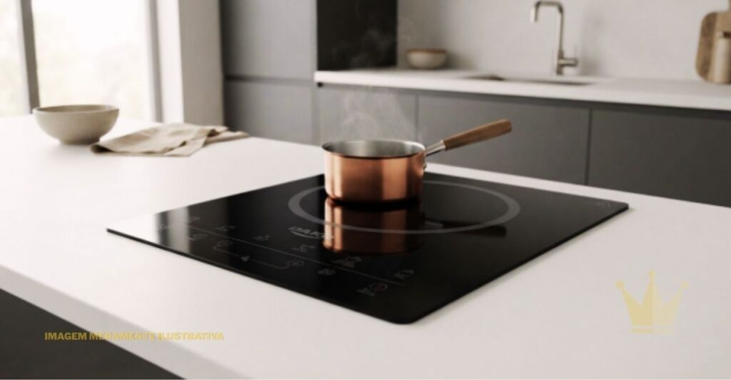 Cooktop Dako 1 Boca (1 Zona): É bom? Veja se Vale a Pena 1 Cooktop Dako 1 Boca (1 Zona) de indução com superfície de vidro preto, instalado sobre uma bancada branca em cozinha moderna e minimalista, com uma panela de cobre posicionada sobre a zona de aquecimento, painel de controle sensível ao toque na parte frontal e ambiente residencial iluminado ao fundo.