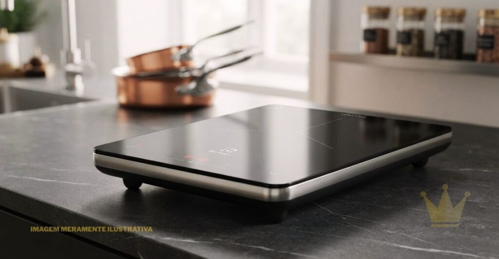 Cooktop Electrolux IE3TP 1 Boca Vale a Pena? Análise 2026 1 Cooktop Electrolux IE3TP 1 Boca de indução portátil, posicionado em ângulo sobre uma bancada de pedra preta texturizada com efeito de mármore. O cooktop possui uma superfície de vidro vitrocerâmico preto reflexivo com marcações sutis na zona de cozimento e um painel de controle tátil digital visível na frente com ícones vermelhos acesos. No fundo desfocado, há uma cozinha moderna com uma janela, pias e potes de cobre. Há a marca d'água "imagem meramente ilustrativa" no canto inferior esquerdo e o logotipo da coroa da Electrolux no canto inferior direito.