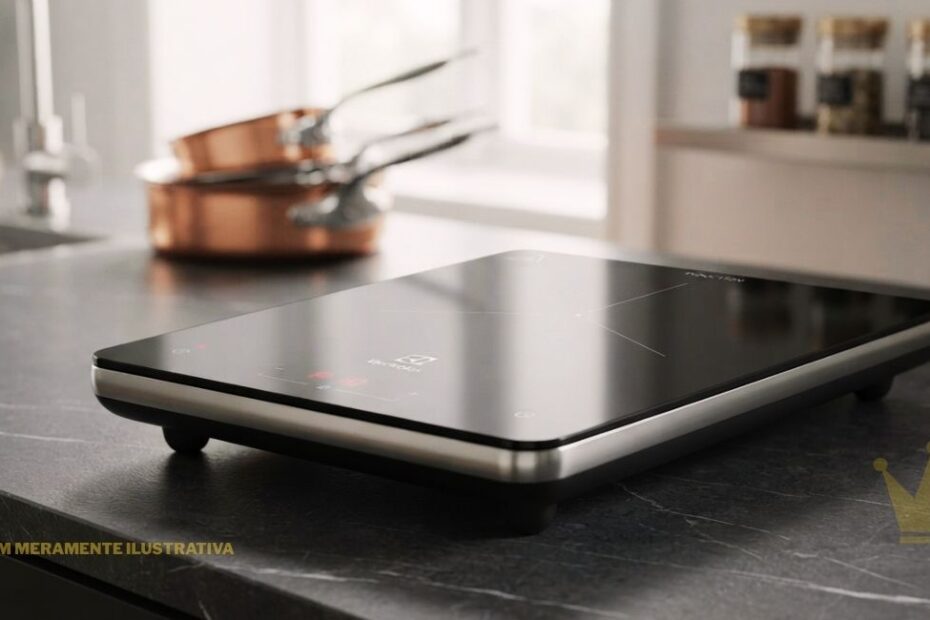 Cooktop Electrolux IE3TP 1 Boca de indução portátil, posicionado em ângulo sobre uma bancada de pedra preta texturizada com efeito de mármore. O cooktop possui uma superfície de vidro vitrocerâmico preto reflexivo com marcações sutis na zona de cozimento e um painel de controle tátil digital visível na frente com ícones vermelhos acesos. No fundo desfocado, há uma cozinha moderna com uma janela, pias e potes de cobre. Há a marca d'água "imagem meramente ilustrativa" no canto inferior esquerdo e o logotipo da coroa da Electrolux no canto inferior direito.