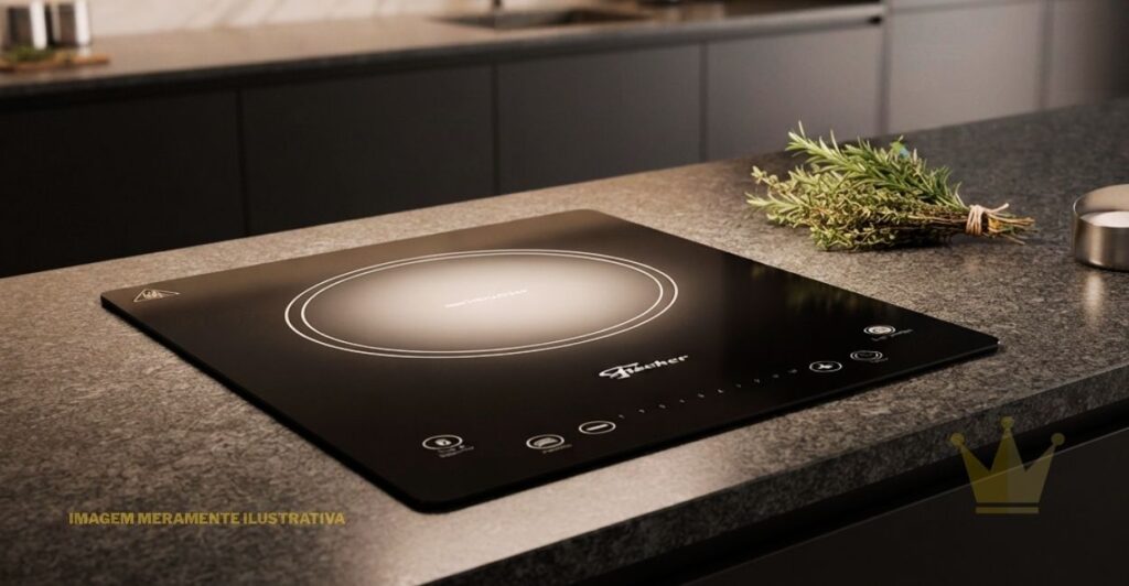 Cooktop de Indução Fischer 26884: É Bom? Review Completo 1 Cooktop de Indução Fischer 26884 instalado sobre bancada de granito em uma cozinha moderna, com superfície preta de vidro temperado, uma grande área circular de aquecimento destacada por dois anéis, painel de controle sensível ao toque com símbolos e indicadores na parte frontal, acabamento elegante e minimalista, bancada em tom cinza, armários escuros ao fundo e ramo de ervas frescas ao lado do aparelho, destacando o design sofisticado e compacto do Cooktop de Indução Fischer 26884.