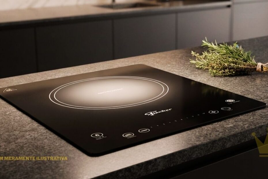 Cooktop de Indução Fischer 26884 instalado sobre bancada de granito em uma cozinha moderna, com superfície preta de vidro temperado, uma grande área circular de aquecimento destacada por dois anéis, painel de controle sensível ao toque com símbolos e indicadores na parte frontal, acabamento elegante e minimalista, bancada em tom cinza, armários escuros ao fundo e ramo de ervas frescas ao lado do aparelho, destacando o design sofisticado e compacto do Cooktop de Indução Fischer 26884.