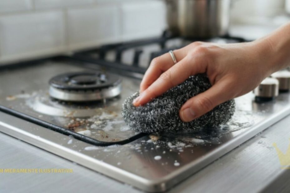 Mão segurando uma esponja de aço inox enquanto esfregava a superfície engordurada de um fogão cooktop com espuma de sabão.