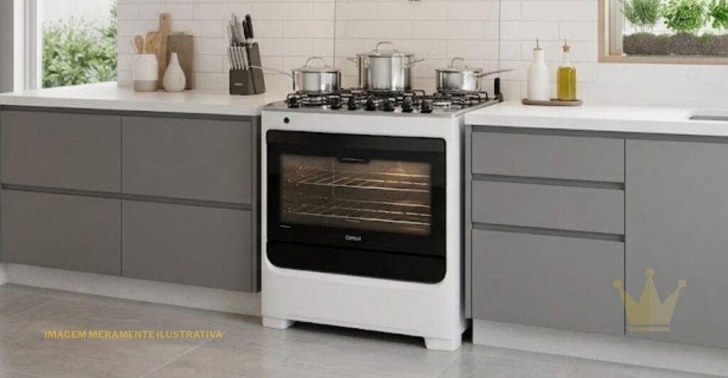 Fogão Consul 6 Bocas CFS6NAR: É Bom? 1 Uma foto de close-up e em alta resolução de uma moderna cozinha planejada, com foco centralizado em um fogão de piso. O eletrodoméstico é o Fogão Consul 6 Bocas CFS6NAR, que apresenta um acabamento branco limpo e uma mesa de cocção de vidro temperado preto. Sobre a mesa de vidro, há seis trempes individuais em ferro fundido preto segurando panelas e frigideiras de aço inoxidável brilhante, simulando o uso diário. O painel frontal exibe os seis botões de controle pretos e ergonômicos e o puxador da porta do forno em aço escovado. A porta do forno é ampla, com um grande visor de vidro serigrafado em preto, permitindo ver o interior iluminado com duas prateleiras aramadas. O logo da 'Consul' está discretamente posicionado no centro inferior da porta do forno. O fogão está perfeitamente embutido entre armários de cozinha contemporâneos com portas em tom de cinza grafite e puxadores embutidos. A bancada é de quartzo branco polido. No fundo, levemente desfocado para manter o foco no produto, vê-se uma coifa de parede de aço inox e vidro, uma parede revestida com pastilhas cinzas e uma janela com vista para vegetação. A iluminação é natural e difusa, realçando as texturas dos materiais.