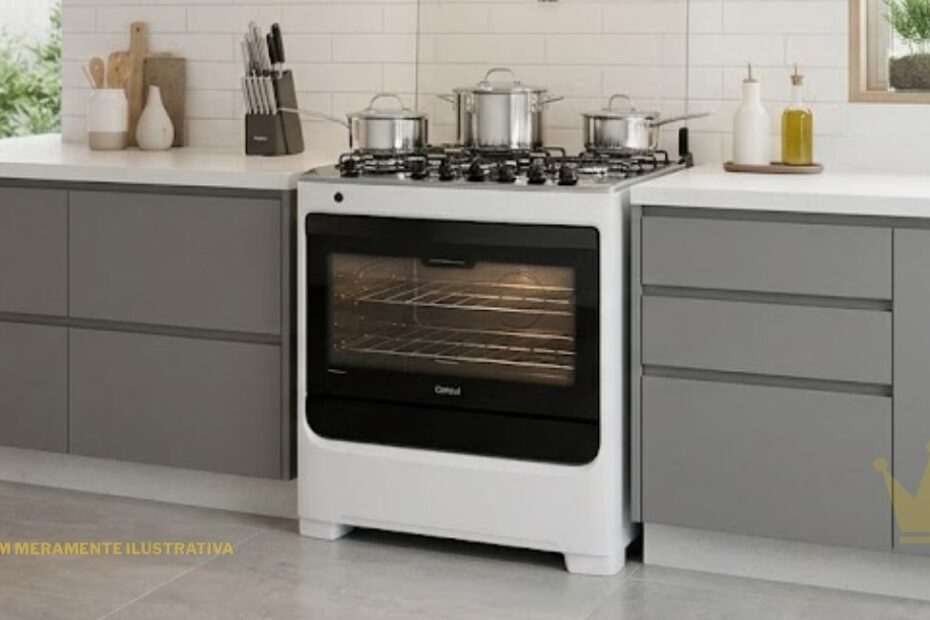 Uma foto de close-up e em alta resolução de uma moderna cozinha planejada, com foco centralizado em um fogão de piso. O eletrodoméstico é o Fogão Consul 6 Bocas CFS6NAR, que apresenta um acabamento branco limpo e uma mesa de cocção de vidro temperado preto. Sobre a mesa de vidro, há seis trempes individuais em ferro fundido preto segurando panelas e frigideiras de aço inoxidável brilhante, simulando o uso diário. O painel frontal exibe os seis botões de controle pretos e ergonômicos e o puxador da porta do forno em aço escovado. A porta do forno é ampla, com um grande visor de vidro serigrafado em preto, permitindo ver o interior iluminado com duas prateleiras aramadas. O logo da 'Consul' está discretamente posicionado no centro inferior da porta do forno. O fogão está perfeitamente embutido entre armários de cozinha contemporâneos com portas em tom de cinza grafite e puxadores embutidos. A bancada é de quartzo branco polido. No fundo, levemente desfocado para manter o foco no produto, vê-se uma coifa de parede de aço inox e vidro, uma parede revestida com pastilhas cinzas e uma janela com vista para vegetação. A iluminação é natural e difusa, realçando as texturas dos materiais.
