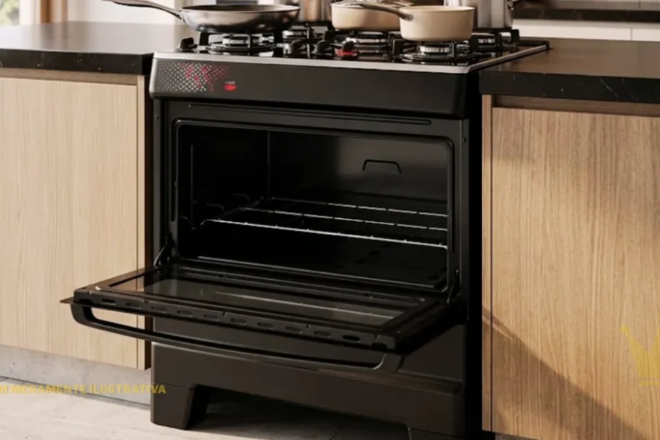 A imagem mostra um Fogão Esmaltec 5 Bocas Ideal TOP, na cor preta, perfeitamente integrado a uma bancada de cozinha moderna com tampos de quartzo escuros e armários de madeira clara. O fogão está centralizado e apresenta sua logomarca "Esmaltec Ideal TOP" em letras vermelhas nítidas no painel de controle superior, ao lado do detalhe gráfico em triângulos. No tampo de vidro, três panelas de aço inoxidável estão sobre os queimadores em funcionamento (a gás). A porta do forno de 84 litros está ligeiramente aberta, revelando o interior escuro com as grades e a estrutura interna idêntica ao modelo real fornecido na referência. A cozinha é sofisticada, com uma coifa de embutir e uma janela ao fundo que mostra uma vista para o mar de Ilhéus, na Bahia. A iluminação é natural e suave, mantendo todos os detalhes do produto e a marca perfeitamente legíveis.