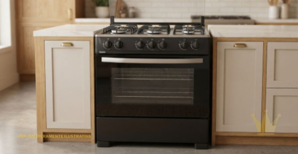 Fogão Itatiaia Star New 6 Bocas: É Bom? 1 Fogão Itatiaia Star New 6 Bocas preto com mesa de inox e seis queimadores instalado em uma cozinha moderna e elegante
