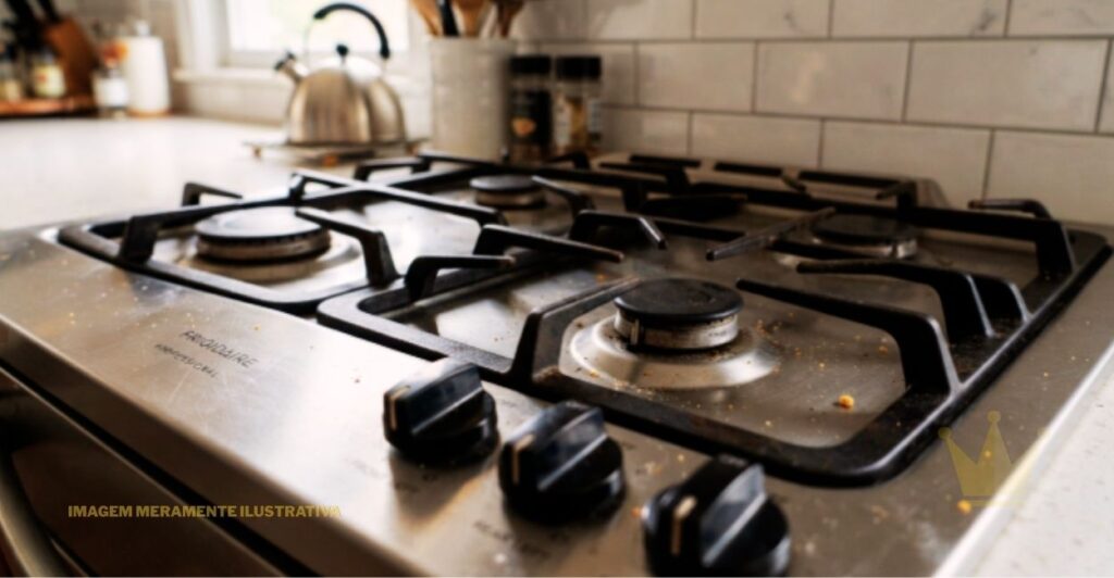 Fogão Não Acende as Bocas? Veja o Que Fazer 1 Um plano aproximado e focado no topo de um fogão a gás da marca Frigidaire Professional, feito de aço inoxidável polido e com grades de ferro fundido pretas e robustas, dispostas horizontalmente. O fogão está limpo, mas com pequenas migalhas de comida visíveis na superfície perto do queimador central direito, um indicativo de uso doméstico e da necessidade de manutenção, especialmente se este fogão não acende as bocas. Quatro queimadores de tamanhos diferentes estão dispostos na superfície de metal, cada um protegido por sua própria grade de ferro. Em primeiro plano, três botões de controle de controle pretos e texturizados são visíveis em foco desfocado, sugerindo a profundidade do aparelho. No canto inferior esquerdo da superfície de aço inoxidável, o logotipo 'FRIGIDAIRE PROFESSIONAL' está discretamente gravado. Ao fundo, uma bancada de cozinha de mármore branco com detalhes em cinza suporta uma chaleira de aço inoxidável de design elegante e um utensílio de cozinha de madeira em pé, todos fora de foco. A parede da cozinha é revestida com azulejos de cerâmica brancos retangulares dispostos em estilo tijolo. A luz natural suave entra pela direita, iluminando a cena. Uma pequena marca d'água com o texto 'IMAGEM MERAMENTE ILUSTRATIVA' está presente no canto inferior esquerdo da imagem, em caracteres dourados discretos. No canto inferior direito, uma marca d'água de uma coroa dourada estilizada está parcialmente visível. A imagem tem uma sensação de lar e cotidiano, com uma profundidade de campo rasa que enfatiza os queimadores do fogão.