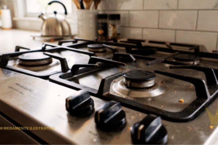 Um plano aproximado e focado no topo de um fogão a gás da marca Frigidaire Professional, feito de aço inoxidável polido e com grades de ferro fundido pretas e robustas, dispostas horizontalmente. O fogão está limpo, mas com pequenas migalhas de comida visíveis na superfície perto do queimador central direito, um indicativo de uso doméstico e da necessidade de manutenção, especialmente se este fogão não acende as bocas. Quatro queimadores de tamanhos diferentes estão dispostos na superfície de metal, cada um protegido por sua própria grade de ferro. Em primeiro plano, três botões de controle de controle pretos e texturizados são visíveis em foco desfocado, sugerindo a profundidade do aparelho. No canto inferior esquerdo da superfície de aço inoxidável, o logotipo 'FRIGIDAIRE PROFESSIONAL' está discretamente gravado. Ao fundo, uma bancada de cozinha de mármore branco com detalhes em cinza suporta uma chaleira de aço inoxidável de design elegante e um utensílio de cozinha de madeira em pé, todos fora de foco. A parede da cozinha é revestida com azulejos de cerâmica brancos retangulares dispostos em estilo tijolo. A luz natural suave entra pela direita, iluminando a cena. Uma pequena marca d'água com o texto 'IMAGEM MERAMENTE ILUSTRATIVA' está presente no canto inferior esquerdo da imagem, em caracteres dourados discretos. No canto inferior direito, uma marca d'água de uma coroa dourada estilizada está parcialmente visível. A imagem tem uma sensação de lar e cotidiano, com uma profundidade de campo rasa que enfatiza os queimadores do fogão.
