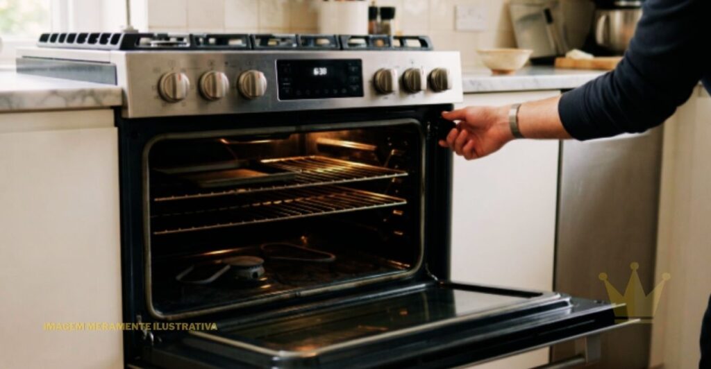 Forno do Fogão Não Acende: Causas e Soluções 1 Uma fotografia detalhada de um fogão de aço inoxidável em uma cozinha, com a porta do forno aberta. O painel de controle superior exibe quatro botões metálicos redondos, dois à esquerda e dois à direita, centralizando um visor digital pequeno e escuro que mostra '6:30' em dígitos verdes. Uma mão direita, de uma pessoa com uma blusa escura, segura e gira o botão superior direito, sugerindo uma tentativa de ignição ou ajuste. A porta do forno aberta revela o interior iluminado, com três grelhas de arame cromado. A grelha superior segura uma assadeira preta, e as outras duas estão vazias. No fundo do forno, o queimador redondo e circular é visível, desligado. O chão da cozinha é de mármore branco polido e o fundo mostra armários de madeira clara e utensílios de cozinha, incluindo um prato branco e tigelas. O texto "IMAGEM MERAMENTE ILUSTRATIVA" está sobreposto em letras amarelas no canto inferior esquerdo e um logotipo de coroa estilizada em dourado está no canto inferior direito. O tema da imagem se relaciona com a manutenção do aparelho, especialmente para situações onde o Forno do Fogão Não Acende, ilustrando o momento de tentar iniciar o funcionamento e a verificação do interior.