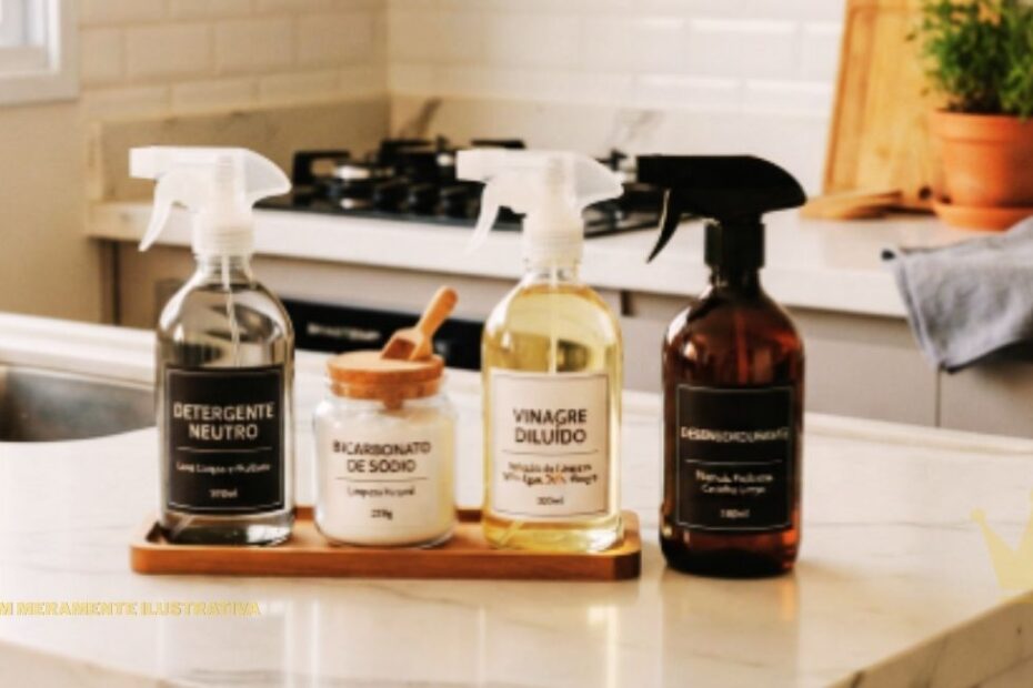 Produtos Para Limpar o Fogão: detergente neutro, bicarbonato de sódio, vinagre diluído e desengordurante em uma cozinha