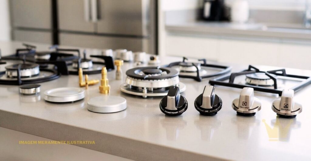 Peças de Fogão Brastemp, Electrolux e Mais: Onde Comprar? 1 Peças de Fogão variadas, incluindo queimadores, bocas, espalhadores de chama, bases, válvulas e manípulos de controle de diferentes modelos e marcas, organizadas sobre uma bancada de cozinha para ilustrar opções de reposição e manutenção de fogões.