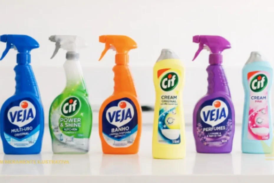 Seis frascos de produtos de limpeza das marcas Veja ou Cif estão enfileirados lado a lado sobre uma bancada branca, contra um fundo claro e iluminação suave. Da esquerda para a direita, a imagem apresenta: Veja Multi-Uso Original: Frasco spray azul-escuro com borrifador azul. Cif Power & Shine Kitchen: Frasco spray com borrifador cinza e corpo verde transparente. Veja Banho: Frasco spray laranja com borrifador laranja. Cif Cream Original: Frasco de formato anatômico amarelo com tampa dosadora cinza. Veja Perfumes: Frasco spray roxo com borrifador roxo e detalhes de lavanda no rótulo. Cif Cream Pink: Frasco de formato anatômico azul-claro com tampa dosadora cinza e detalhes rosa no rótulo. No canto inferior esquerdo, há o texto em letras amarelas "IMAGEM MERAMENTE ILUSTRATIVA". No canto inferior direito, há uma pequena marca d'água no formato de uma coroa amarela.