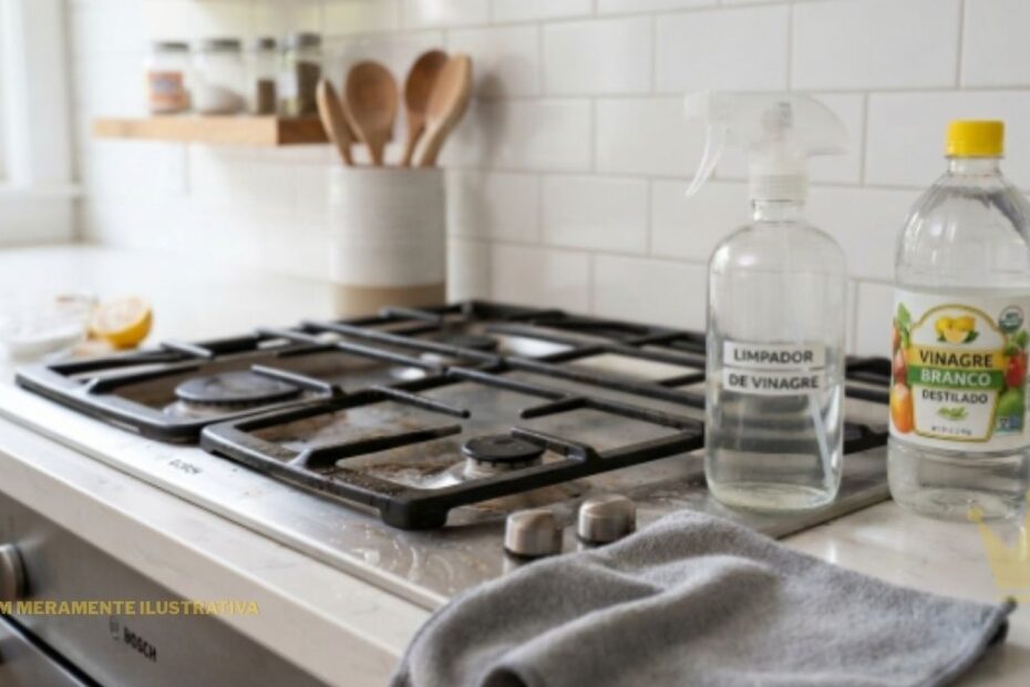 Um close-up focado em um fogão cooktop de aço inoxidável com grades de ferro fundido, que parece ligeiramente usado, posicionado em uma bancada de cozinha de pedra clara com um backsplash de azulejos de metrô brancos. Um pano de microfibra cinza está dobrado em primeiro plano sobre a bancada. À direita do fogão, há dois frascos transparentes com tampas brancas, contendo líquidos transparentes. Um frasco tem um rótulo que diz "VINAGRE PARA LIMPEZA" em letras pretas e maiúsculas, enquanto o outro frasco tem um rótulo que diz "LIMPADOR DE VINAGRE BRANCO". No fundo, à esquerda, há uma janela e uma prateleira com utensílios de madeira em um porta-utensílios de cerâmica branca e potes de temperos. O texto "IMAGEM MERAMENTE ILUSTRATIVA" está sobreposto em texto branco no canto inferior esquerdo. A imagem tem uma profundidade de campo rasa, desfocando o fundo.