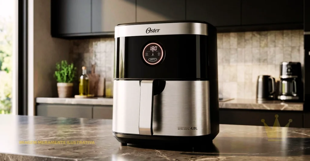 Air Fryer Oster é Boa? Veja os Prós, Contras e se Vale a Pena 1 Fotografia de uma Air Fryer Oster digital com acabamento em aço escovado e detalhes em preto, posicionada sobre uma bancada de mármore em uma cozinha moderna. O eletrodoméstico possui formato retangular com cantos arredondados, painel frontal preto espelhado com display digital circular iluminado exibindo a temperatura de 180°C e a indicação de capacidade de 4,8 Litros no canto inferior direito da gaveta. Ao fundo, avista-se uma bancada de cozinha decorada com uma garrafa de azeite, vaso de plantas, chaleira elétrica e uma cafeteira. No canto inferior esquerdo da imagem consta o texto 'IMAGEM MERAMENTE ILUSTRATIVA'.