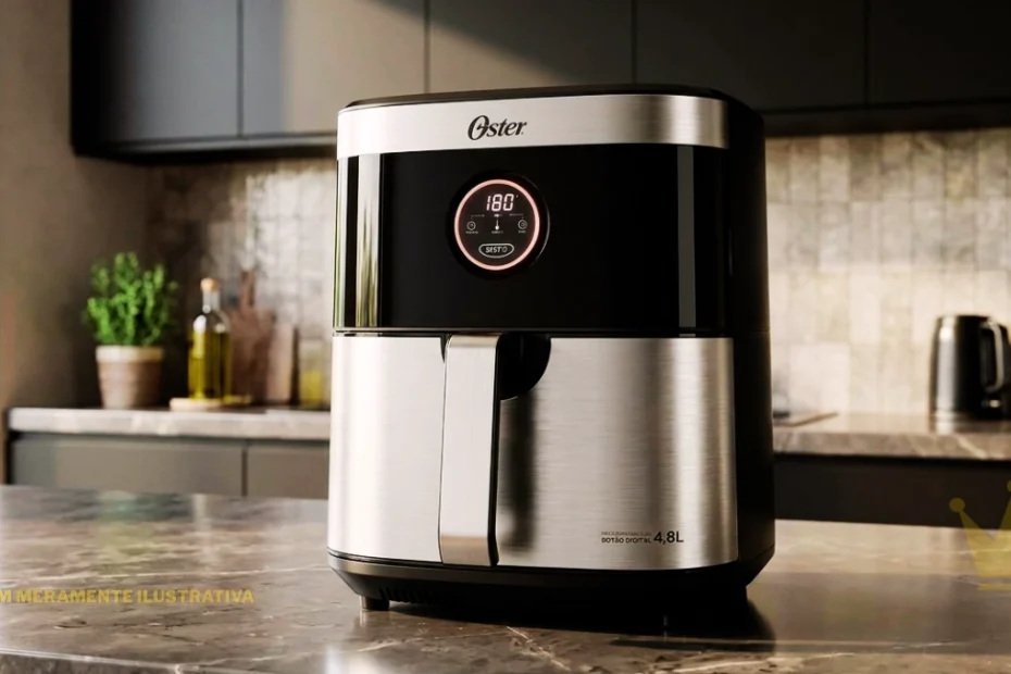 Fotografia de uma Air Fryer Oster digital com acabamento em aço escovado e detalhes em preto, posicionada sobre uma bancada de mármore em uma cozinha moderna. O eletrodoméstico possui formato retangular com cantos arredondados, painel frontal preto espelhado com display digital circular iluminado exibindo a temperatura de 180°C e a indicação de capacidade de 4,8 Litros no canto inferior direito da gaveta. Ao fundo, avista-se uma bancada de cozinha decorada com uma garrafa de azeite, vaso de plantas, chaleira elétrica e uma cafeteira. No canto inferior esquerdo da imagem consta o texto 'IMAGEM MERAMENTE ILUSTRATIVA'.