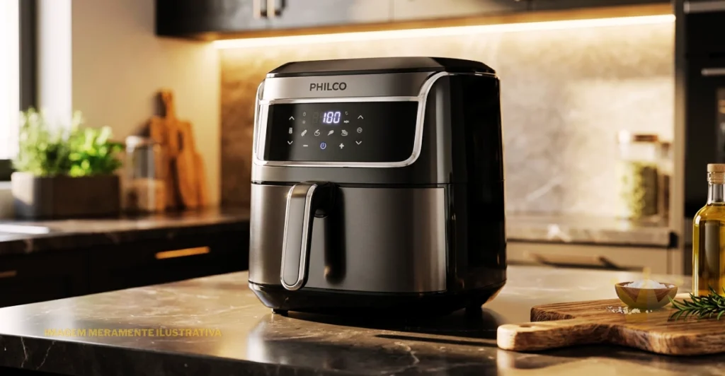 Air Fryer Philco: É Boa? Análise Completa e Realista 1 Air Fryer Philco preta com acabamento em inox, painel digital touch iluminado e visor frontal, posicionada sobre uma bancada de mármore em uma cozinha moderna e elegante. O eletrodoméstico apresenta design robusto, cesto frontal com puxador metálico e painel com indicação de temperatura de 180 °C, além de ícones de funções para diferentes preparos. Ao fundo, há armários escuros, iluminação LED quente sob os móveis superiores, utensílios de cozinha e uma tábua de madeira com temperos e azeite, criando um ambiente aconchegante e sofisticado. A imagem destaca a aparência moderna da Air Fryer Philco, ideal para quem busca praticidade, estilo e funcionalidade na preparação de alimentos em casa. A inscrição “imagem meramente ilustrativa” aparece em amarelo no canto inferior esquerdo.